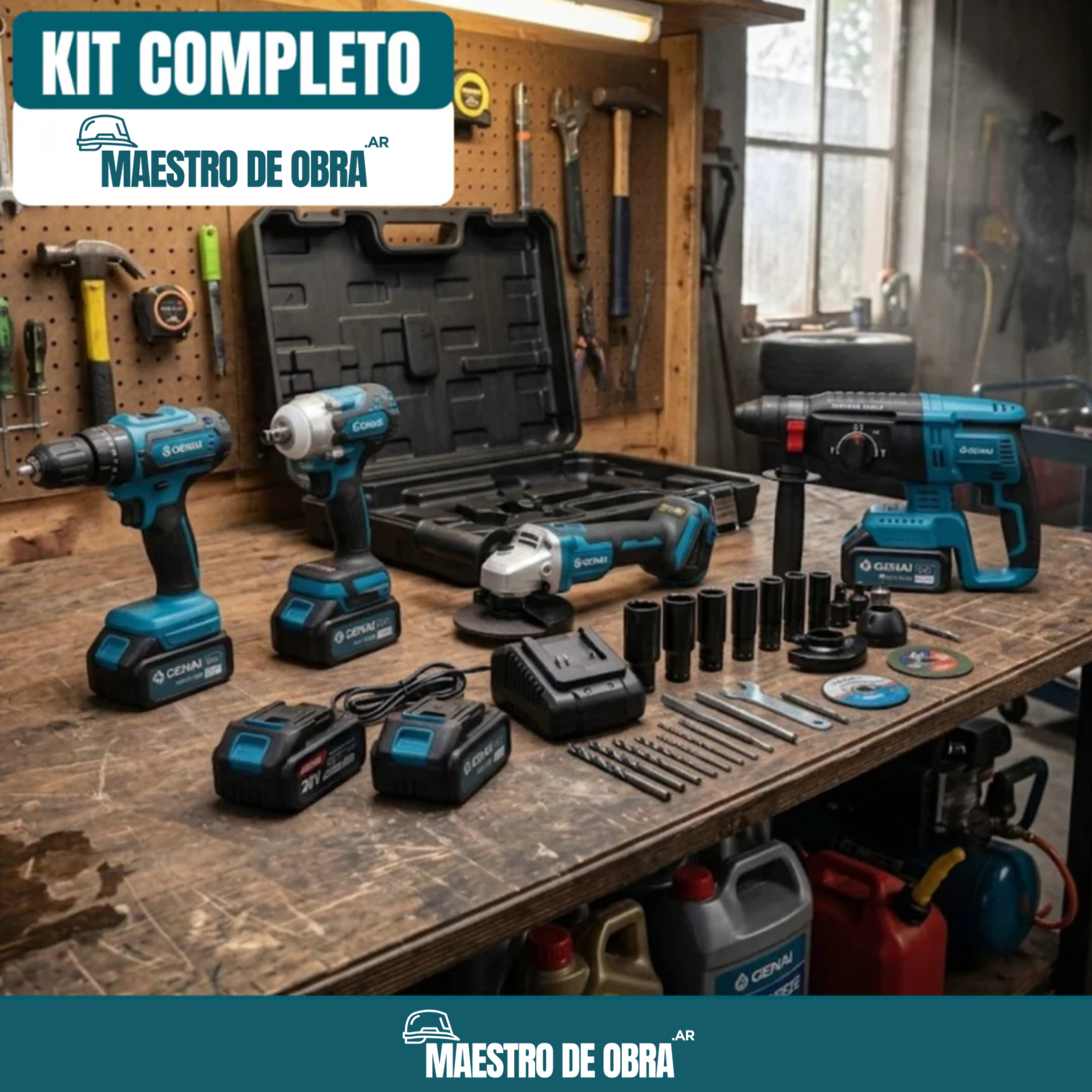Kit Completo de Herramientas de Perforación, Corte e Impacto + REGALO: Batería Extra y Accesorios Complementarios