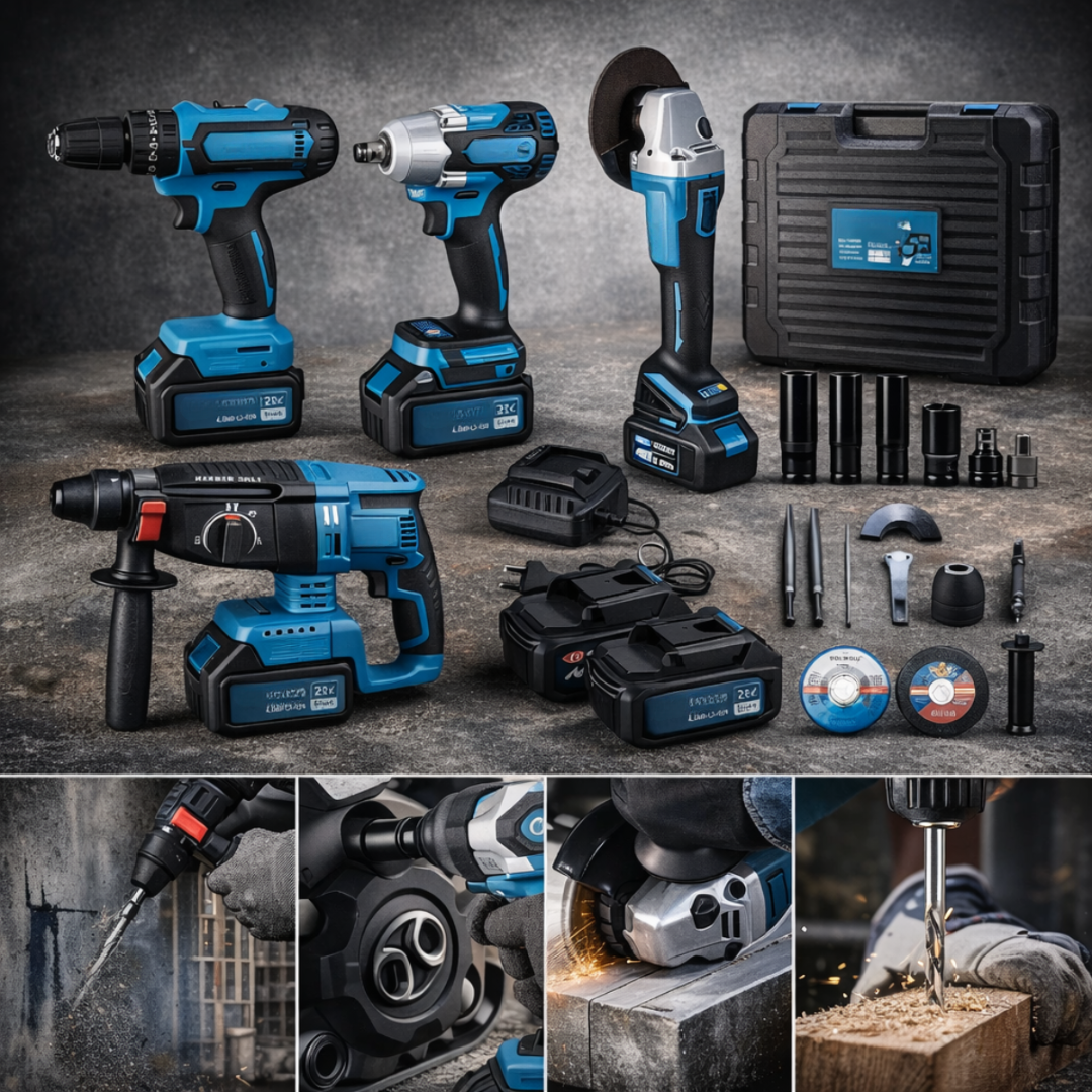 Kit Completo de Herramientas de Perforación, Corte e Impacto + REGALO: Batería Extra y Accesorios Complementarios